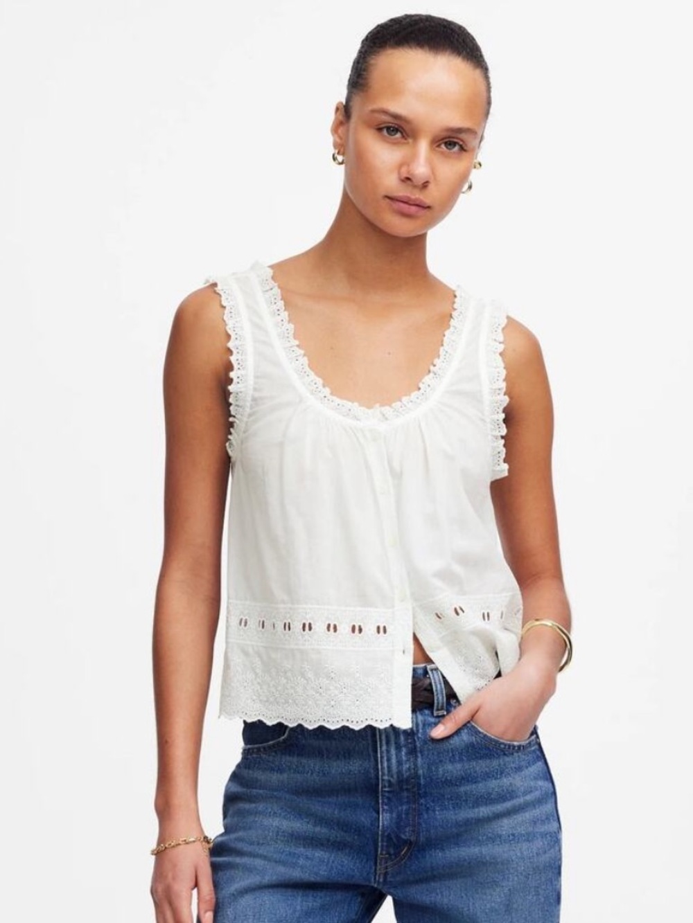Madewell White Lace-Trim Eyelet Tank